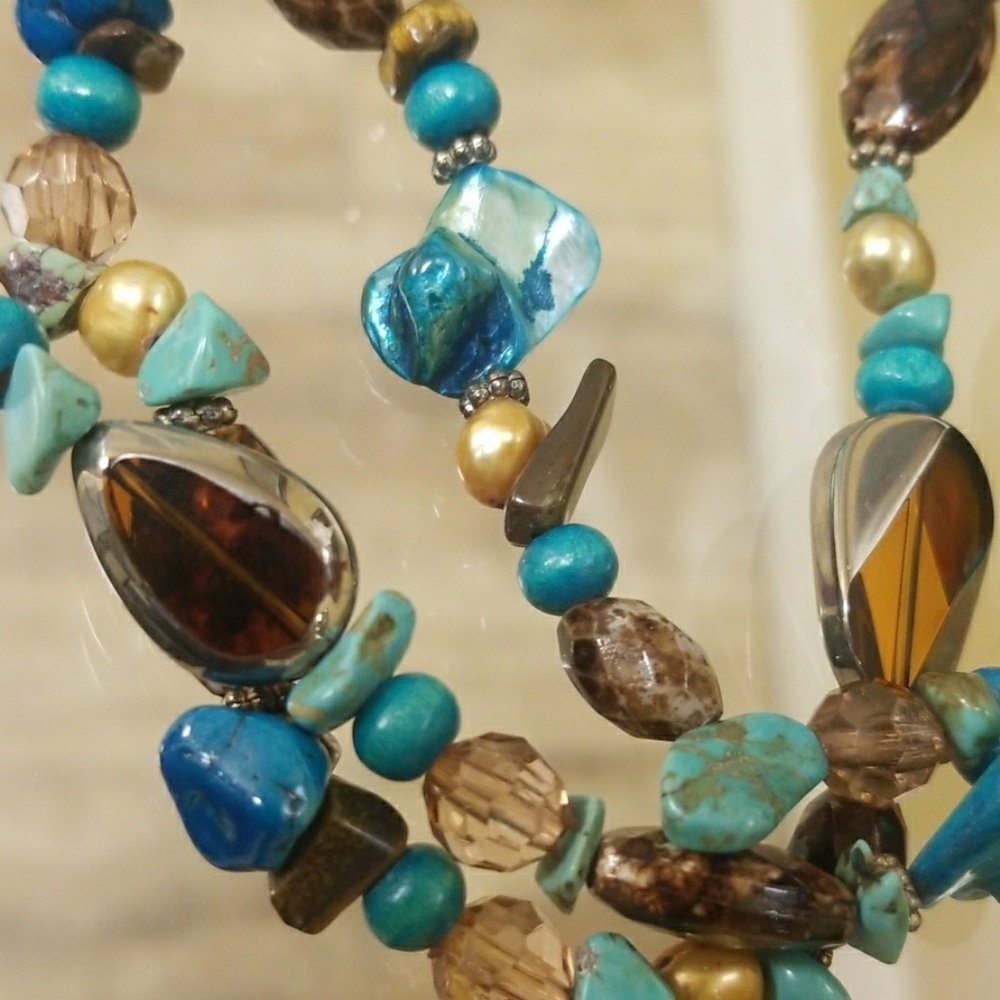 Artisan Handmade Brown Turquoise Teal Golden Shell Necklace NEW - Picture 4 of 5